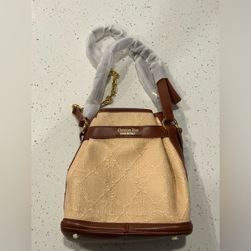 CD Dior Raffia Wicker Leather Shoulder Tote Bag